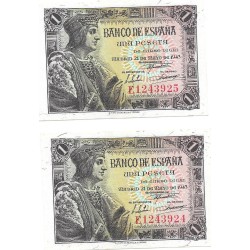 Billetes - EspaÃ±a - Estado EspaÃ±ol (1936 - 1975) - 439 - sc - 1943 - 1 pta - Pareja correlativa - num. ref: E1243924-E1243925