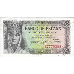 Billetes - España - Estado Español (1936 - 1975) - 5 ptas - 459 - EBC - Año 1943 - num ref: E7775388