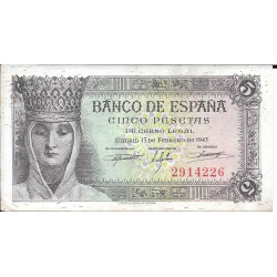 Billetes - EspaÃ±a - Estado EspaÃ±ol (1936 - 1975) - 5 ptas - 458 - ebC - 1943 - 2914225 - sin serie