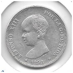 Monedas - EspaÃ±a - Alfonso XIII ( 17-V-1886/14-IV) - 98 - 1892*18*92 - 2 Pesetas - Plata