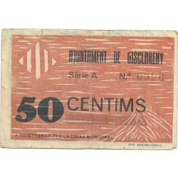 Billetes - EspaÃ±a - II RepÃºblica (1931 - 1939) - Locales - CataluÃ±a - 926 - MBC- - 1937 - Gisclareny - 50 Ct - num ref:0926